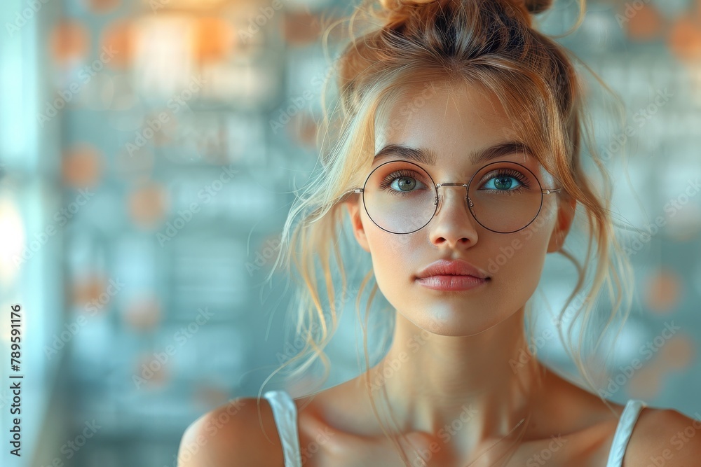 Portrait of a young woman with blonde hair and glasses, light bokeh background Portrait of a young woman with blonde hair and glasses, light bokeh background