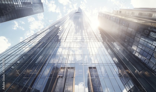Illustrate the raw power of a towering city skyscraper from a worms-eye view in a photorealistic digital rendering Show the intricate details of the buildings architecture and the reflective glass win