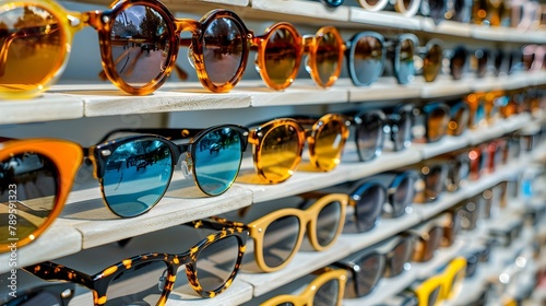 Diverse Eyewear Collection on Display - A Spectrum of Styles and Shades. Concept Eyewear Fashion, Trendy Frames, Sunglasses Showcase, Stylish Designs, Eyeglass Variety
