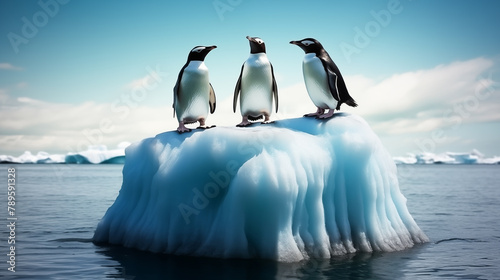 Three penguins on island  ice floes  iceberg on the background