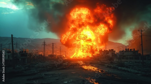 Napalm bomb  burning ground of battle field full of flame and black smoke  Generative Ai