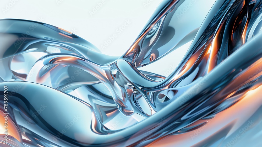 3D rendering of a blue and orange abstract shape with a glossy surface. The shape is made up of multiple curved lines and has a smooth, organic look.