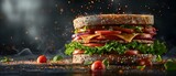 Savory Gourmet Sandwich Delight on Dark Elegance. Concept Gourmet Sandwiches, Dark Photography, Food Styling, Elegant Presentation