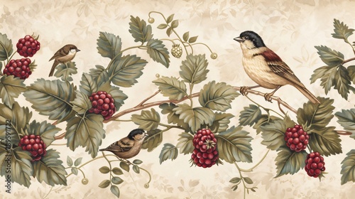Classic wallpaper design with a dense thicket of blackberries and small songbirds photo