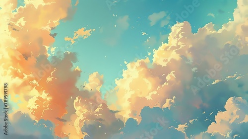 A beautiful painting of a blue sky with white clouds. The clouds are fluffy and look like they are made of cotton.