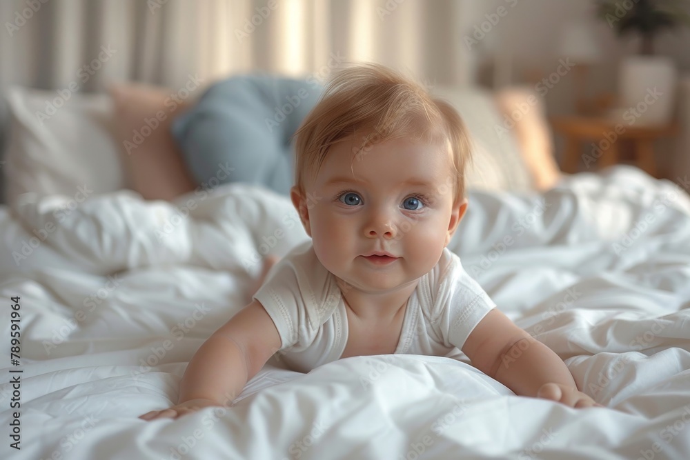 Innocent blue-eyed baby lies comfortably on plush white bed sheets, exploring the camera with curiosity Innocent blue-eyed baby lies comfortably on plush white bed sheets, exploring the camera with curiosity