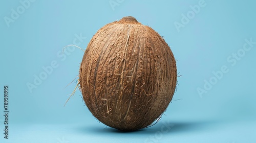 This is a photo of a coconut. The coconut is brown and hairy. It is sitting on a blue background. The coconut is round and has a pointed top. photo
