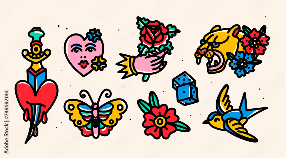 Naklejka premium Various tattoo flashes. Hand drawn modern Vector illustration. Traditional tattoo style. Colorful bright set. Isolated design elements. Icon, logo, print, sticker templates