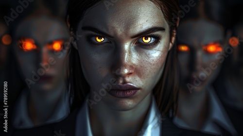 closeup portrait of multiple angry businesswomen with glowing eyes sharing secrets staring into the camera