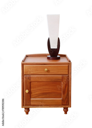 modern table lamp on a wooden table isolated on white