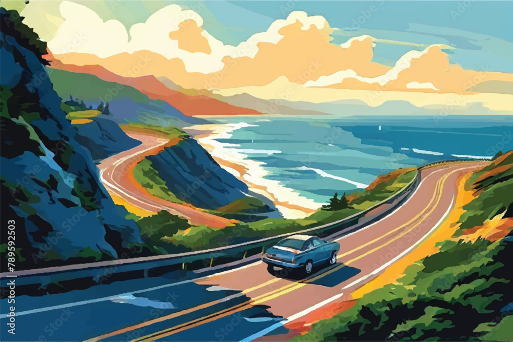 Summer road trip adventure, car driving along a scenic coastal highway, with winding roads, breathtaking ocean views, and a clear blue sky. Vector Illustration. Sea.                      