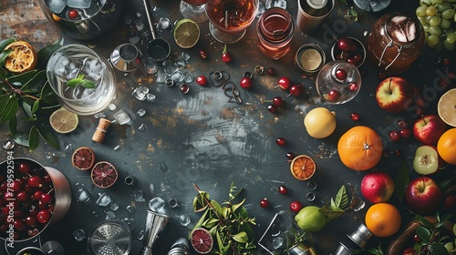 Top view of a bartender's table with various fresh fruits, cocktail glasses, and bar tools on a dark background.