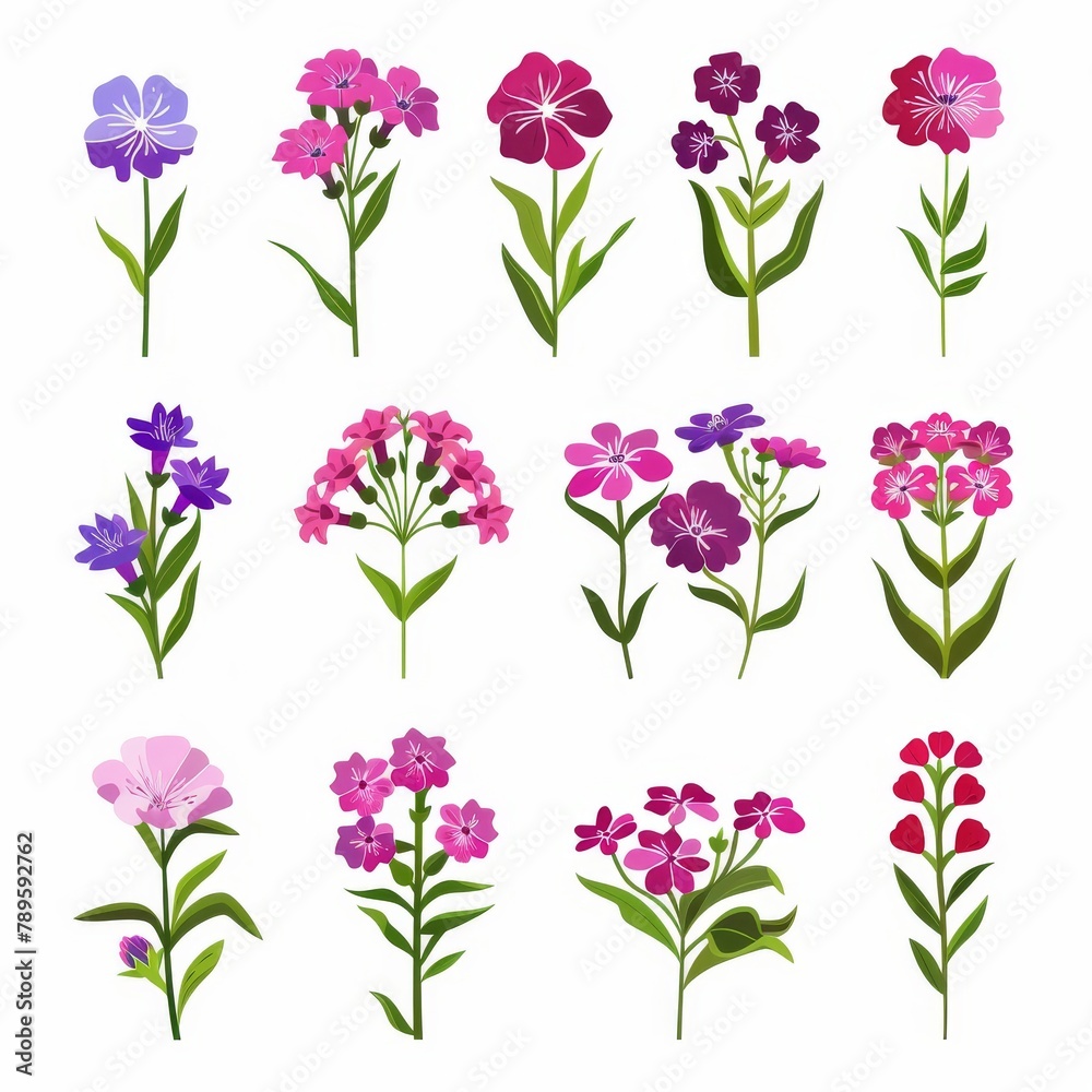Sweet William Flower Icon Set, Garden Dianthus Barbatus Flower Flat Design, Abstract Sweet William Flower n