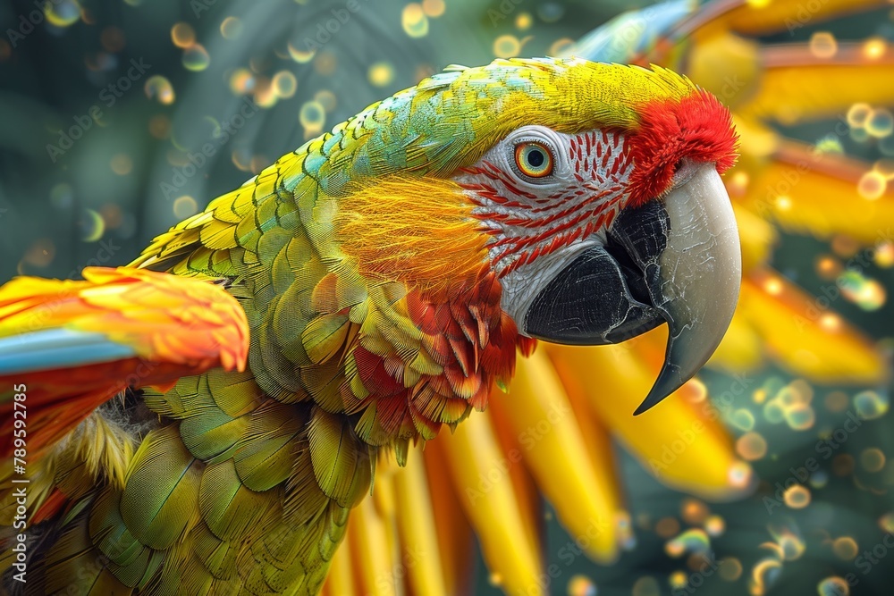 Fototapeta premium Stunning image of a multicolored macaw parrot against a background of vibrant tropical foliage