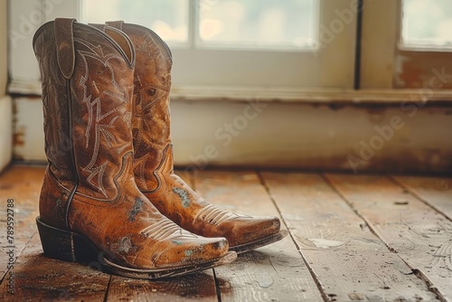 Vintage cowboy boots carelessly resting on a worn wooden floor, implying rugged history and culture photo