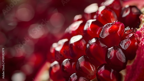 A close-up image of a pomegranate. The red, juicy arils are glistening in the light. The image is both beautiful and delicious. photo