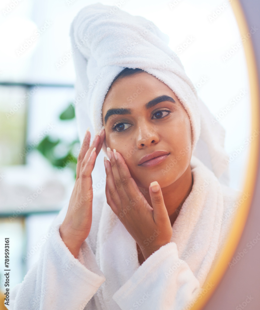 Woman, bathroom and skincare after shower with beauty, facial and glow treatment in the morning. Home, wellness and towel in a house with skin health and dermatology with cleaning and routine