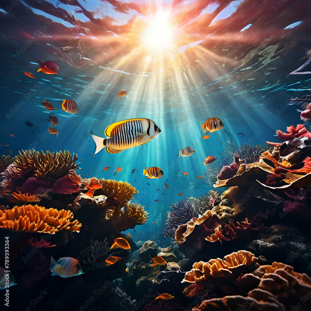 Title: Title: Title: underwater scene with fishes underwater view of coral reef colorful fish water marine sea aquarium color

 - obrazy, fototapety, plakaty 
