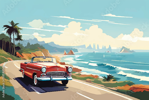 Summer road trip adventure, car driving along a scenic coastal highway, with winding roads, breathtaking ocean views, and a clear blue sky. Vector Illustration. Sea.                      