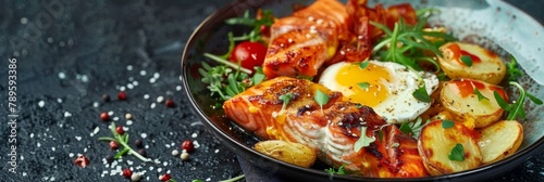 Trout Fillet and Poached Egg with Warm Potatoes, Arancino and Smoked Salmon, Sliced Red Fish