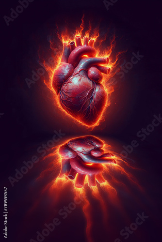 Human heart on fire, illustration and mirror image