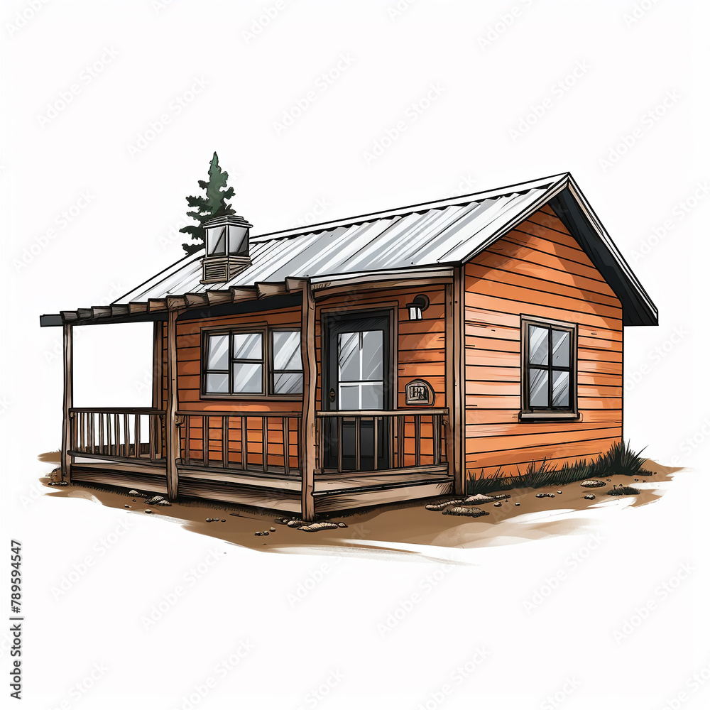 Basic vector cabin, rear angle, earthy colors, stark white scene hand drawing