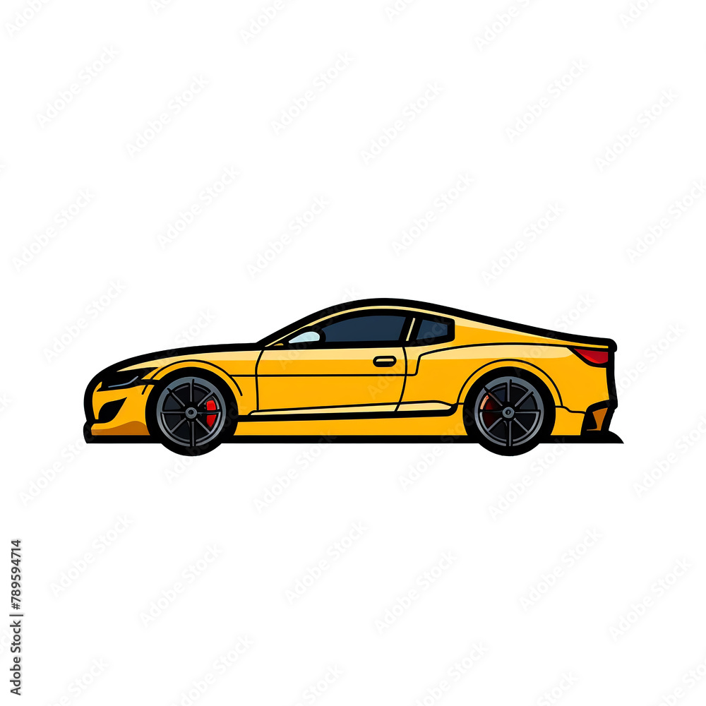 Flat design car vector, profile side, vibrant primary colors black monoline