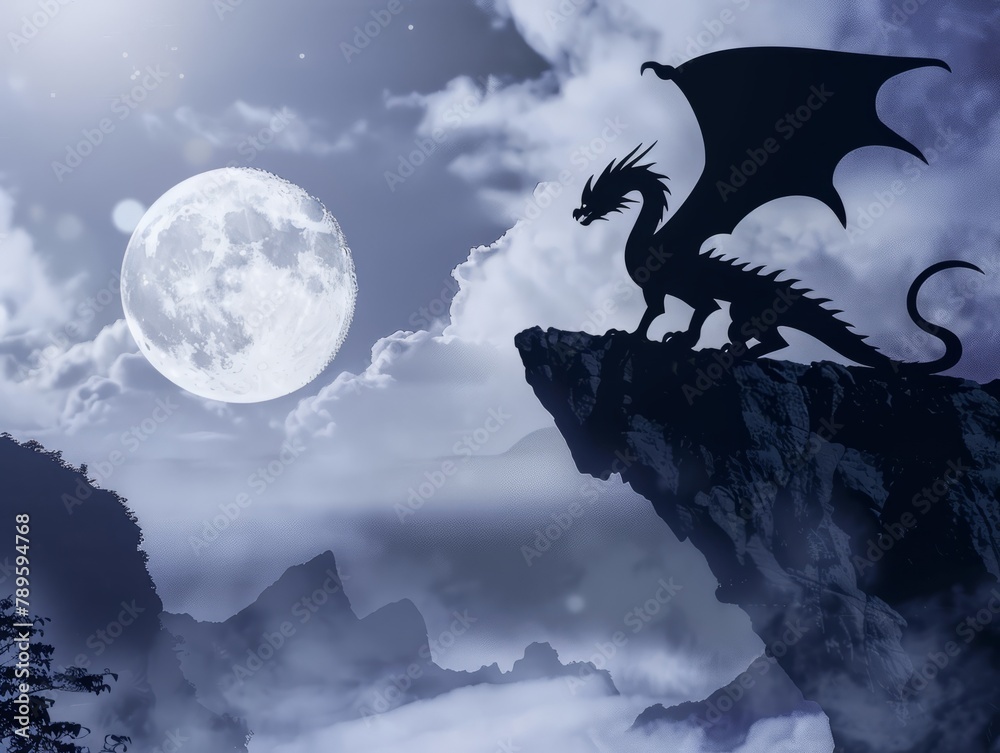 Fototapeta premium Dragon on the cliff with full moon background