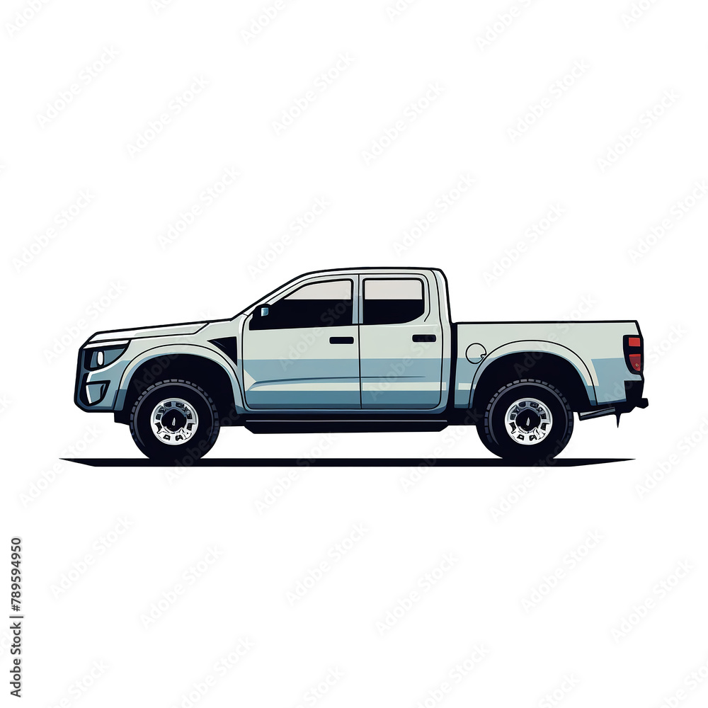 Minimalist pickup truck vector, profile side, dual tone background hand drawing