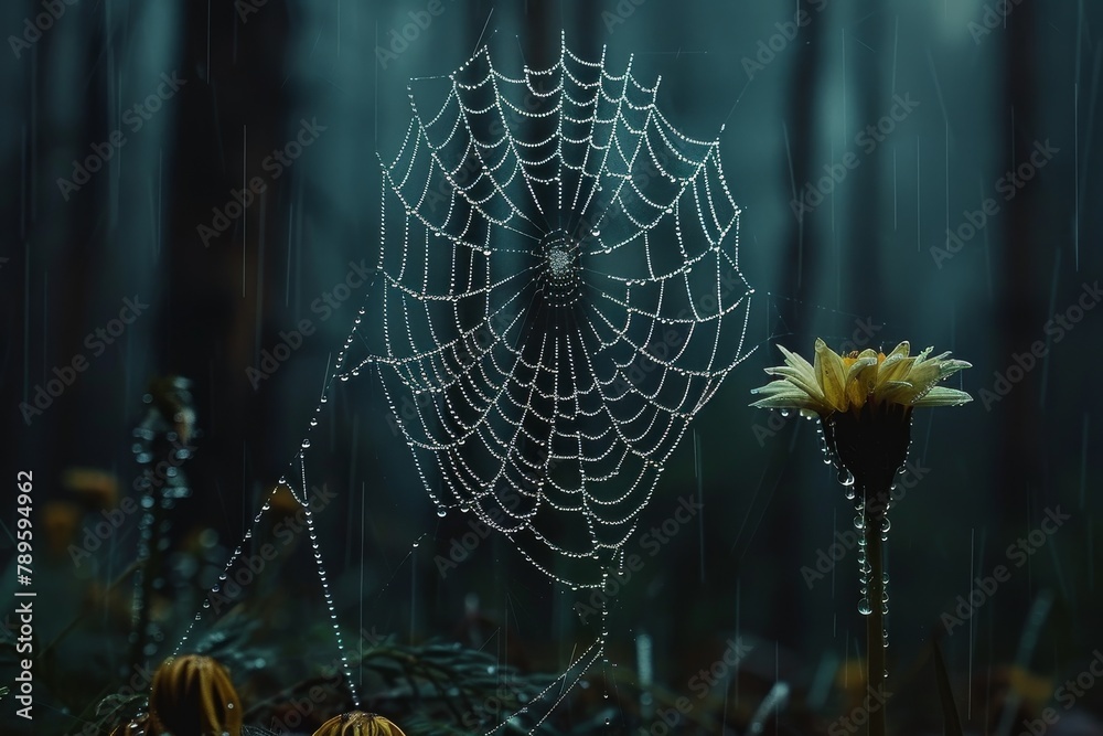 Raindrops glisten on a forest spider web, showcasing nature balance and the rain woodland beauty