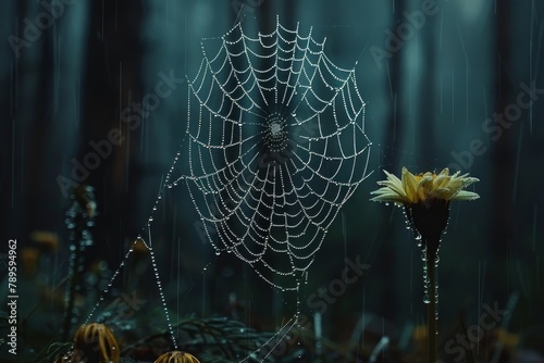 Raindrops glisten on a forest spider web, showcasing nature balance and the rain woodland beauty