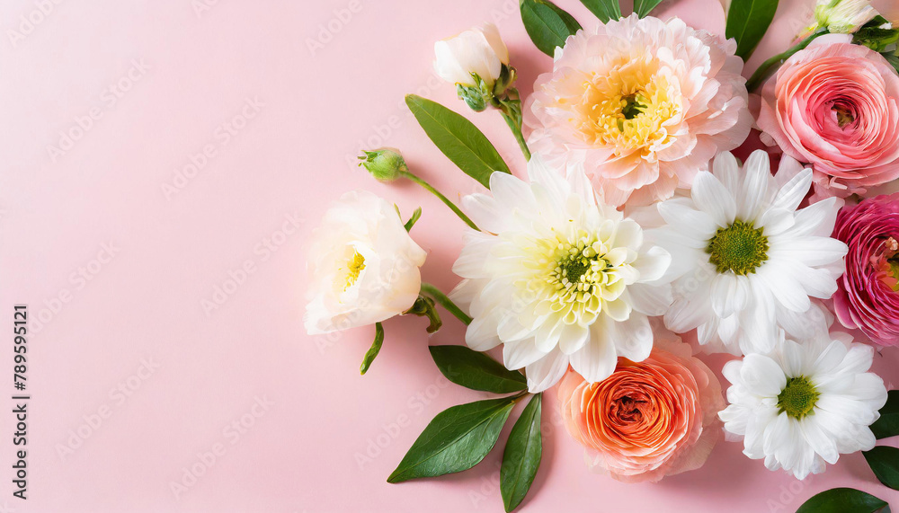 Flowers on pink background. Mother's Day or Valentine's Day presets, gift, flower bouquet. Horizontal banner.