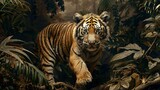 Elegant antique style wallpaper with a tiger stealthily moving through a twilight jungle