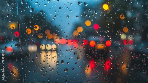 Raindrops blur city lights, moody weather captures essence of rainy urban night photo