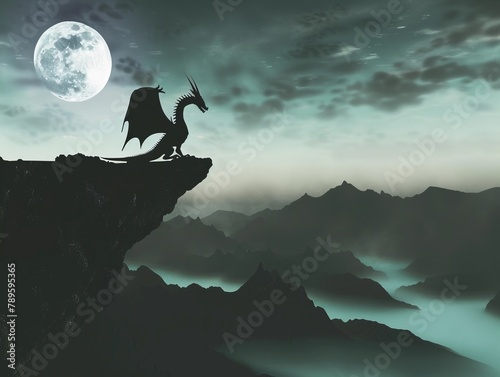 Dragon on the cliff with full moon background