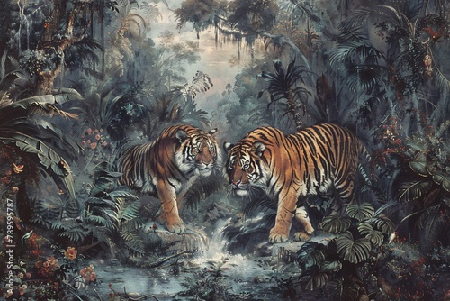 Elegant antique style wallpaper with tigers prowling through an Asian jungle at dusk