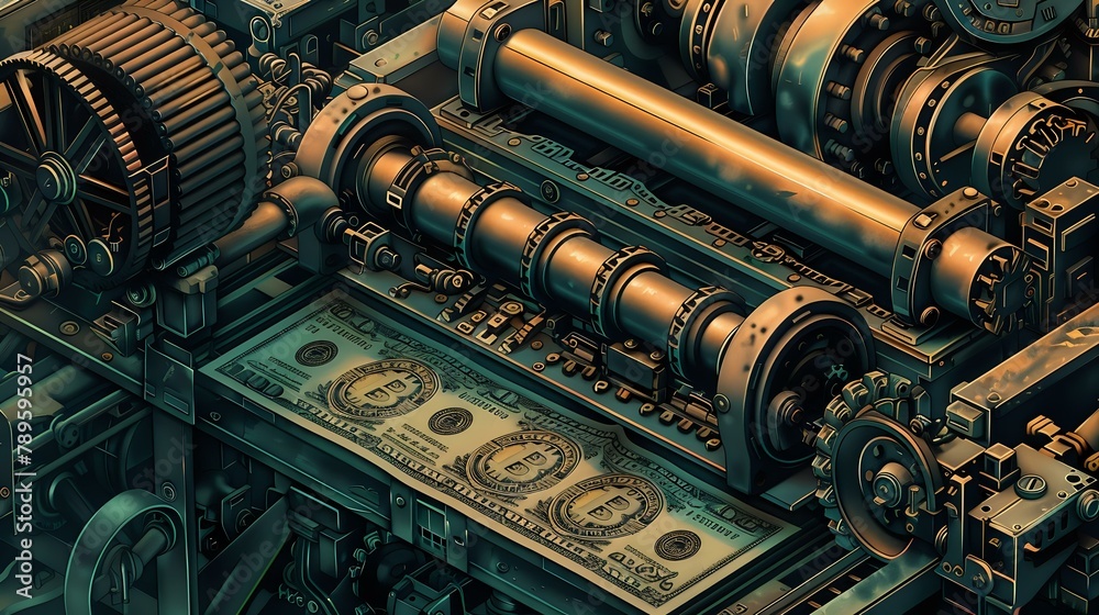 Artistic Rendering of Steampunk Money Printing Press for Digital Currency