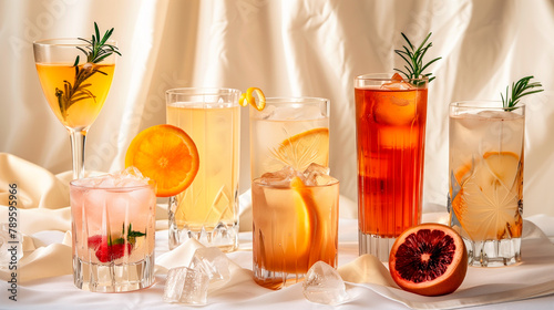 Set and collection of non-alcohol cocktails or mocktail with fresh summer fruits