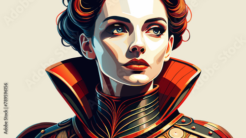 attractive 25 yo slim lady with bold makeup wearing a painful antique ornate wrought iron tight posture collar flared under chin. side view. white background