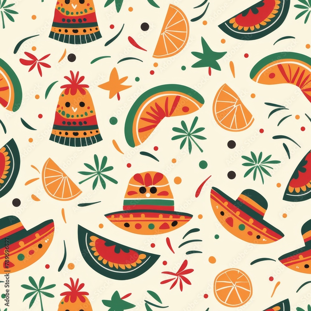 Mexican Hats and Oranges Pattern on White Background Mexican Hats and Oranges Pattern on White Background