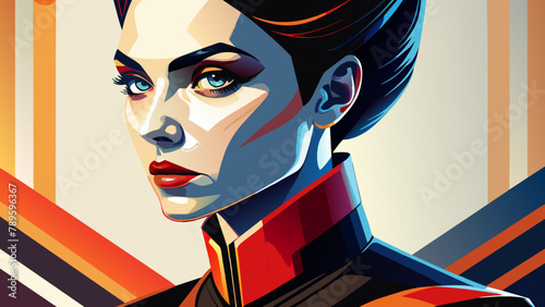 attractive 25 yo slim lady with bold makeup wearing a painful antique ornate wrought iron tight posture collar flared under chin. side view. white background