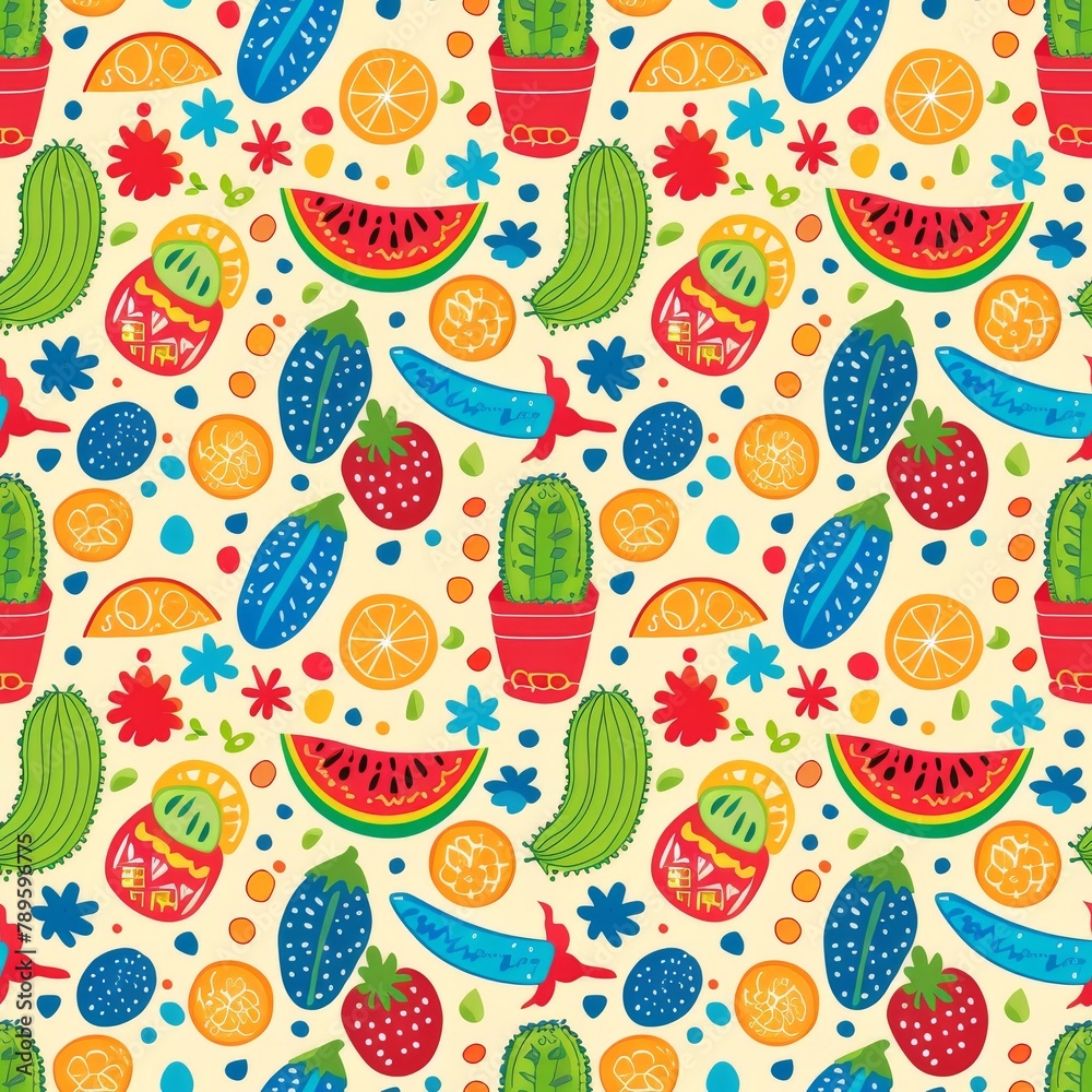 Vibrant Fruit and Vegetable Pattern on White Background Vibrant Fruit and Vegetable Pattern on White Background