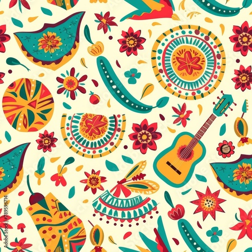 Colorful Cinco De Mayo Pattern With Guitar and Flowers