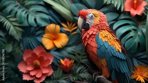cute macaw bird in tropical jungle with hibiscus flower blossoming, paper cut craft sculpture artistic background illustration, Generative Ai