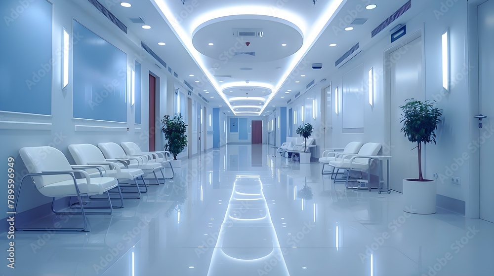 Sleek Hospital Hallway with Seating - Tranquil and Contemporary. Concept Hospital Interior Design, Modern Seating, Tranquil Aesthetic