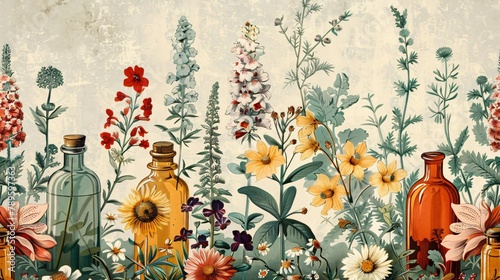 Elegant vintage wallpaper depicting an array of medicinal plants in an apothecary garden photo