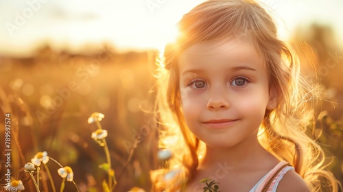 Little girl standing in a field of flowers. She is smiling and looking at the camera. The sun is setting and the sky is a warm, golden color. © Factory