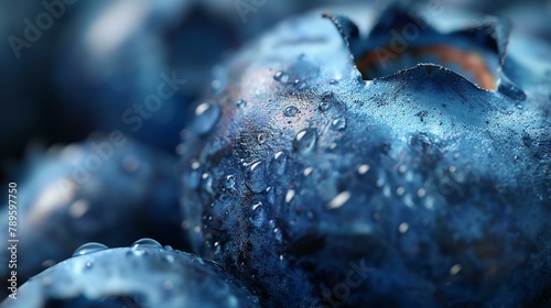 Close-up of a fresh and juicy blueberry with water drops on its surface. The blueberry is dark blue in color and has a slightly wrinkled texture. photo