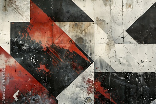 : Grunge textures juxtaposed with clean geometric elements