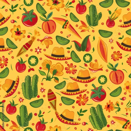 Yellow Background With Mexican Hats and Flowers